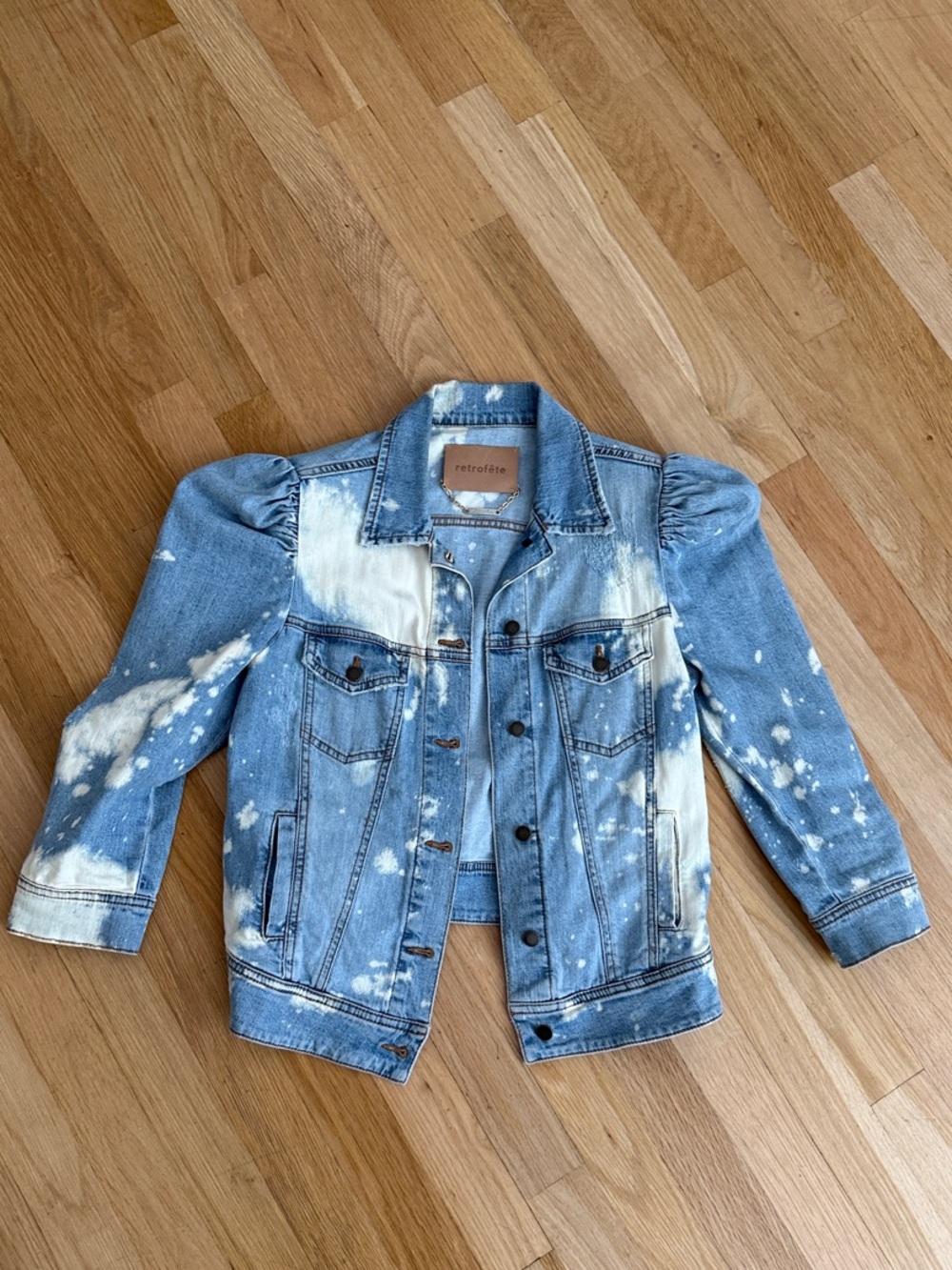 Retrofete Light Blue Bleached Puff-Sleeve Denim Jacket. Like new!!